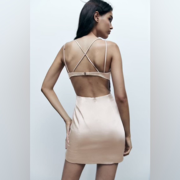ZARA Pearl Grey Mini Corset Strappy Satin Dress - Picture 3 of 9